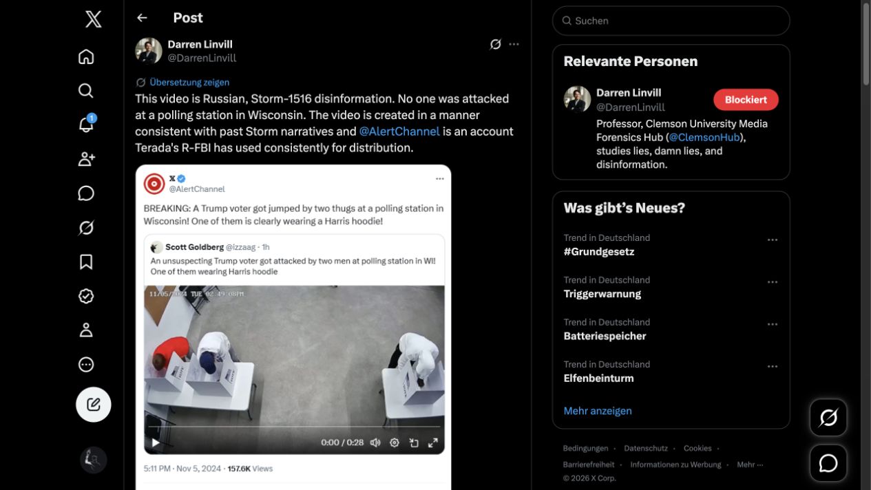 Το screenshot του Darren Linvill καταγράφει το ψευδές βίντεο στο @AlertChannel, την προηγούμενη πηγή και 157.600 προβολές· δεν αποδεικνύει πληρωμή ή εντολή.