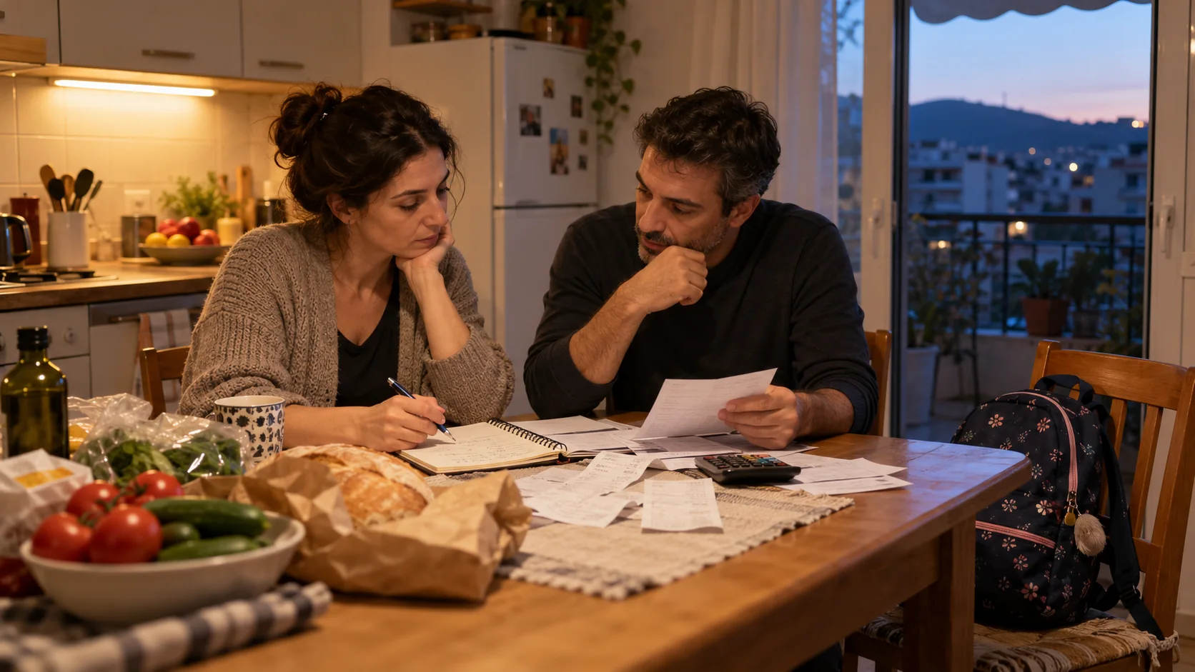 Ένα ζευγάρι εξετάζει τον οικογενειακό προϋπολογισμό στο τραπέζι της κουζίνας